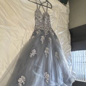 La Femme Silver Floral Lace Dress